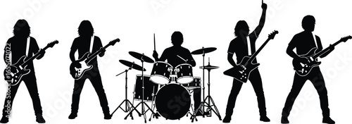 Silhouette of rock band with electric guitars and drummer, live music performance, concert stage, vector art, black design, entertainment illustration