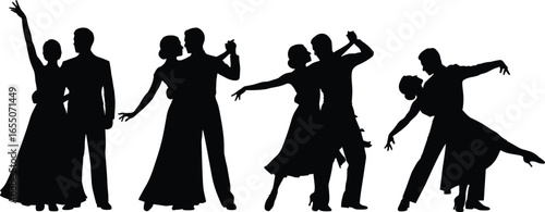 Silhouette, ballroom, dance, couple, waltz, tango, foxtrot, performance, elegant, partner, movement, formal, attire, graceful, choreography, artistic, stage, rhythm, celebration, expression