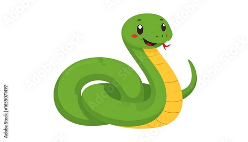A cheerful, cartoon snake with bright green scales and a yellow underbelly, is depicted against a simple white background.