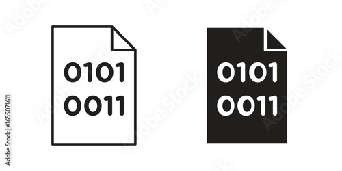 Two document icons displaying binary code, one black and one white, isolated on white background.