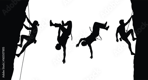 Silhouette, rock, climbing, climbers, harness, rope, gear, extreme, sport, adventure, vertical, ascent, outdoor, mountain, cliff, challenge, fitness, action, teamwork, exploration