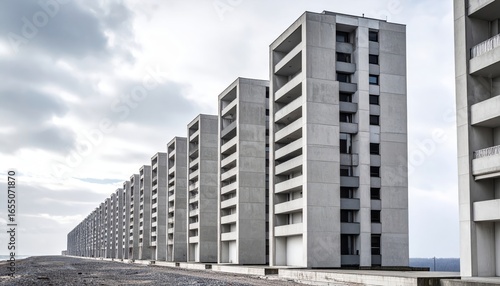 Concrete residential buildings standing in a row by the sea
