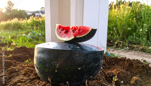 A ripe watermelon resting on the soil, displaying a vibrant red slice balanced atop its dark green rind.