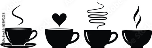 Silhouettes of coffee cups with steam designs, heart shape, spiral and wavy lines, hot drink, beverage, café illustration concept