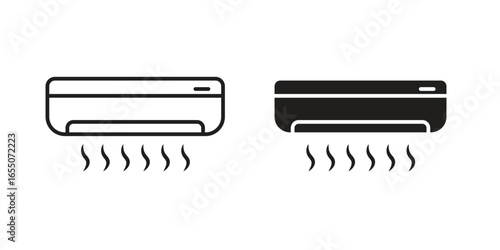 Two simple air conditioner icons, one line art and one solid, isolated on white. Ideal for HVAC, home, and technology designs.