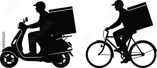 Silhouettes of delivery personnel on scooter and bicycle, carrying boxes, fast shipping, courier service, transportation, logistics, urban delivery concept illustration