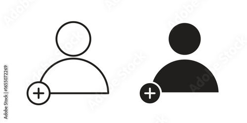 Two simple add user icons, one line art, one filled, isolated on white. Perfect for web design or app interfaces.