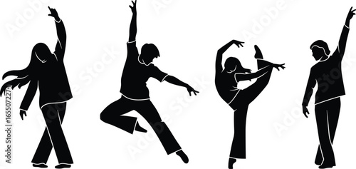 Silhouettes of dancers in various poses, jumping, stretching, elegant movement, fitness, dance, performance art, body posture, black vector illustration