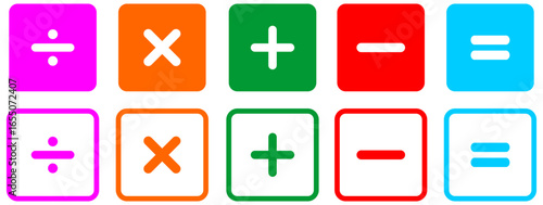Set of Math icons. Plus, minus, multiply, divide and equal signs isolated on white background.