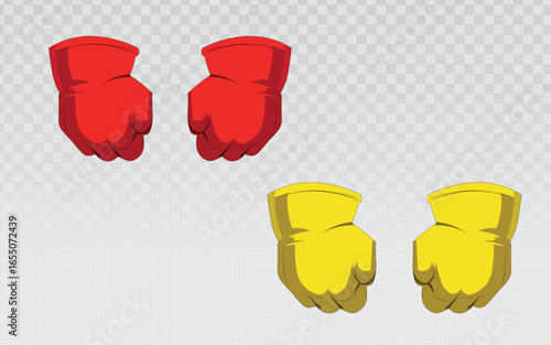 Stylized vector illustration of a cartoon hand set in two colors, red and yellow, with fists clenched in a powerful pose. Ideal for comic or animated-style design projects.