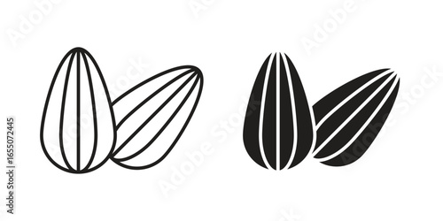 Vector illustration of sunflower seeds. Two variations: outline and solid black. Isolated on white.
