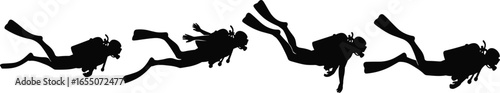 Silhouettes of four scuba divers with fins and gear, underwater swimming poses, ocean exploration, black vector design, marine sports illustration