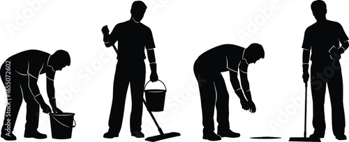 Silhouettes of people cleaning with bucket, mop, broom, picking up items, hygiene maintenance, sanitation, janitorial service, black vector illustration design