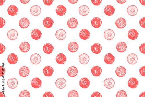 Polka dot quirky seamless pattern of squiggly pastel circles in pastel red color. Kids doodle wallpaper for kindergarten blackboard themes, wax or charcoal style flower bedroom decorations. Vector