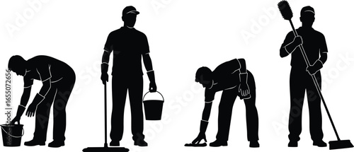 Silhouettes of people cleaning with bucket, mop, broom, scrubbing floor, hygiene, sanitation, janitorial service, black vector illustration design