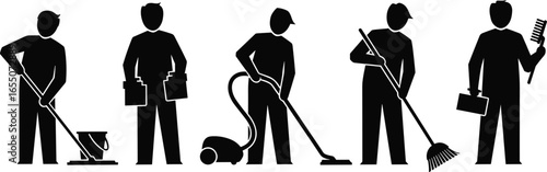 Silhouettes of people mopping, sweeping, vacuuming, holding cleaning supplies, dustpan, brush, hygiene maintenance, janitorial service, sanitation, black vector illustration