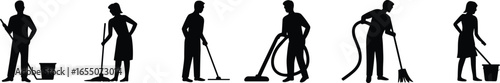 Silhouettes of people mopping, vacuuming, cleaning with bucket, hygiene maintenance, janitorial service, sanitation, floor care, black vector illustration design