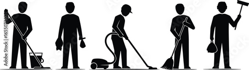 Silhouettes of people mopping, sweeping, vacuuming, holding cleaning supplies, squeegee, hygiene maintenance, janitorial service, sanitation, black vector illustration design