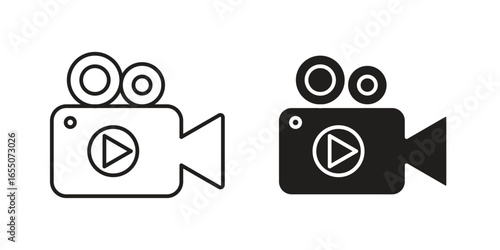 Two vector icons of a video camera, one in line style and one solid, isolated on white.