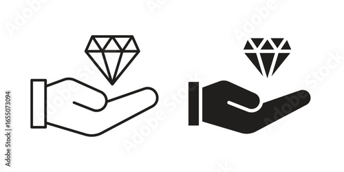 Two variations of a hand holding a diamond icon, one line art, one solid, isolated on white.