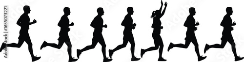 Silhouettes of running people in dynamic poses, athletic motion, fitness, marathon, jogging, sports training, exercise, active lifestyle, celebration concepts
