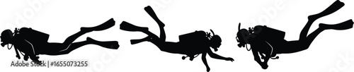 Silhouettes of three scuba divers with gear and fins, underwater swimming poses, ocean exploration, black vector design, marine sports illustration
