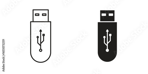 Two USB flash drive icons: one line art, one solid black. Isolated on white.