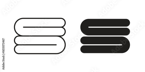 Simple line art and solid icon of a stack of towels, isolated on white.