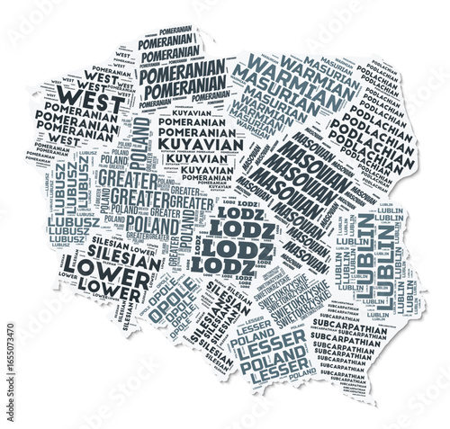 Poland shape text cloud. Country border with shadow on white background. Poland with regions division in vintage gazette style. Vibrant vector illustration.