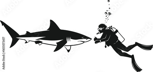 Underwater diver silhouette, shark encounter, scuba diving adventure, marine life, ocean exploration, deep sea wildlife, aquatic predator, bubbles, fins, mask, tank