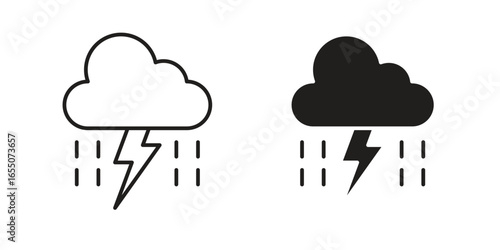 Two weather icons depicting a thunderstorm; one is a line art style, the other is solid black, both isolated on white.