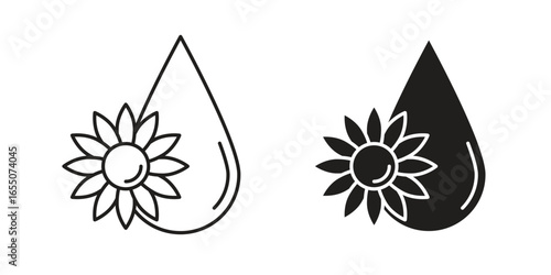 Two simple line art icons: a water drop with a sunflower, one black and one line drawing. Isolated on white.
