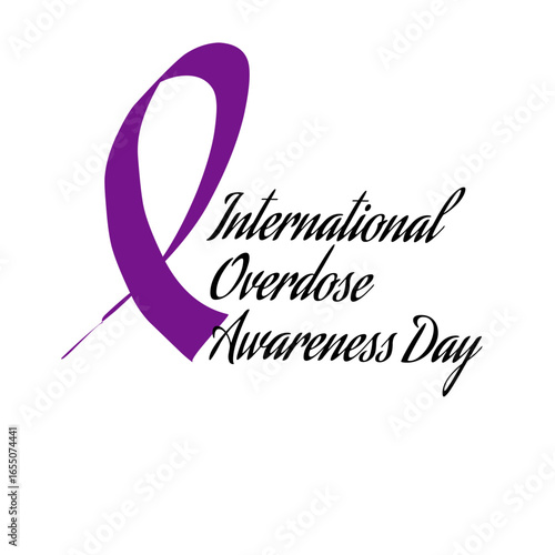 Vector design featuring a purple ribbon and calligraphy text International Overdose Awareness Day, representing prevention, remembrance, and global awareness against drug overdose