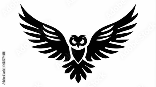 Stylized black owl with outstretched wings in a symmetrical design on a white background image view silhouette