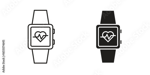Two smartwatch icons displaying heart rate monitor data, one outline and one solid, isolated on white.