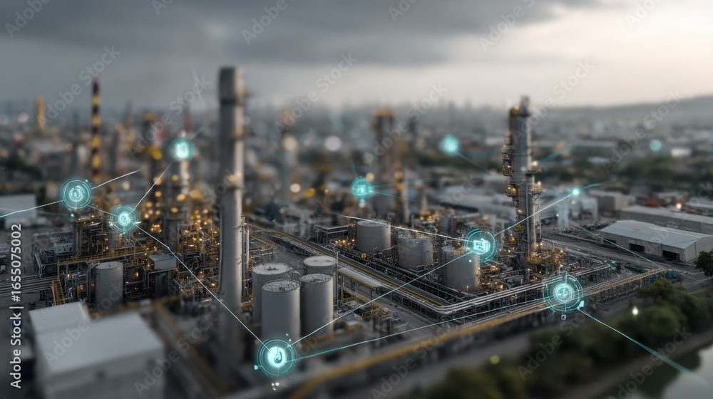 Fototapeta premium Medium shot of a smart sensor network controlled by edge computing units foreground node crisp while expansive blurred industrial structures fill the background.