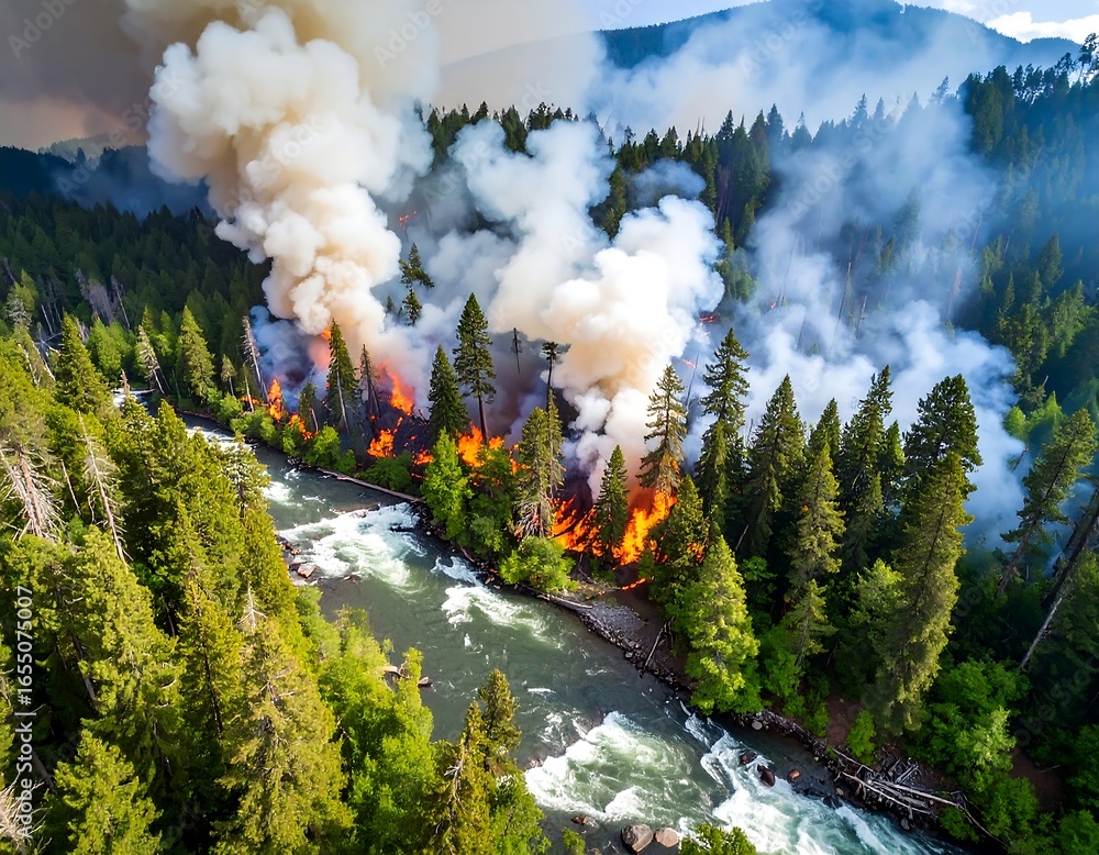 Fototapeta premium Aerial view of forest fire near river