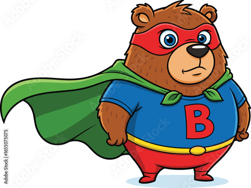 Cartoon bear superhero standing with hands on hips, red mask and pants, blue shirt with letter B, green cape, cute animal vector