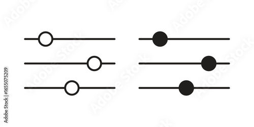 Set of six simple graphic slider controls with black and white circles. Isolated on white background.