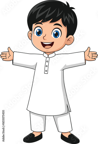 Cartoon character in white kurta and pants with black shoes, black hair, arms outstretched, traditional cultural clothing vector illustration