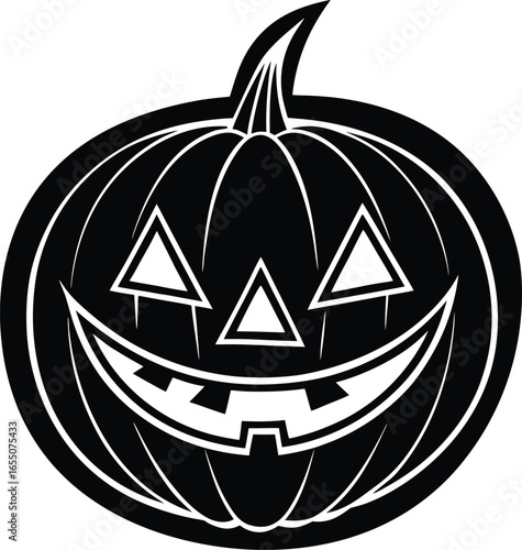 Vector art of a classic black and white silhouette of a carved halloween pumpkin jackolantern with a spooky face, isolated on a
