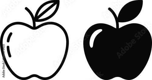 Two Apple Icons with Leaf and Stem, Outline and Solid, Transparent Background