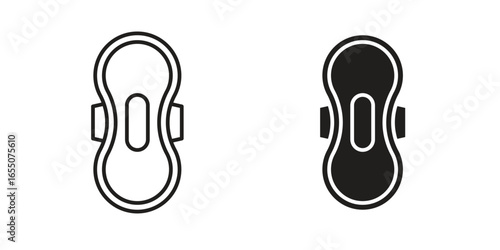 Pair of sanitary napkin icons, one line art, one solid black, isolated on white.