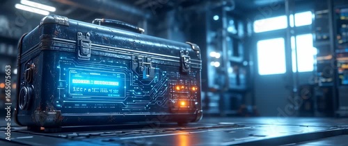 Wallpaper Mural Futuristic Tech Tool Box with Holographic Interface Display in a Dark Industrial Setting Torontodigital.ca