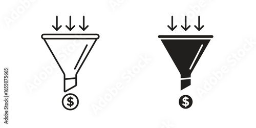 Two sales funnel icons, one line style and one solid, illustrating the concept of converting leads into revenue. Isolated on white.