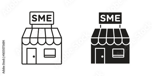 Line art and solid black icons of a small business shop with an SME sign. Perfect for business concepts.