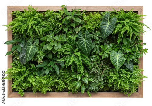 Lush vertical garden wall with diverse green plants in wooden frame for indoor decor isolated on transparent background
