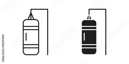 Two boxing bag icons, one in line style and one in solid black, isolated on white.