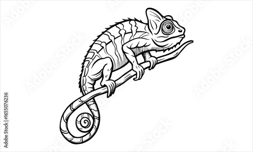 Chameleon Close Up T-Shirt Silhouette and Vector Line Art, Intricate Illustration Perfect for Relaxation, Art Therapy, Adult Coloring, and Printable Creative Artwork Activities.