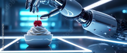 Futuristic food preparation a robotic arm delicately places a cherry on ice cream